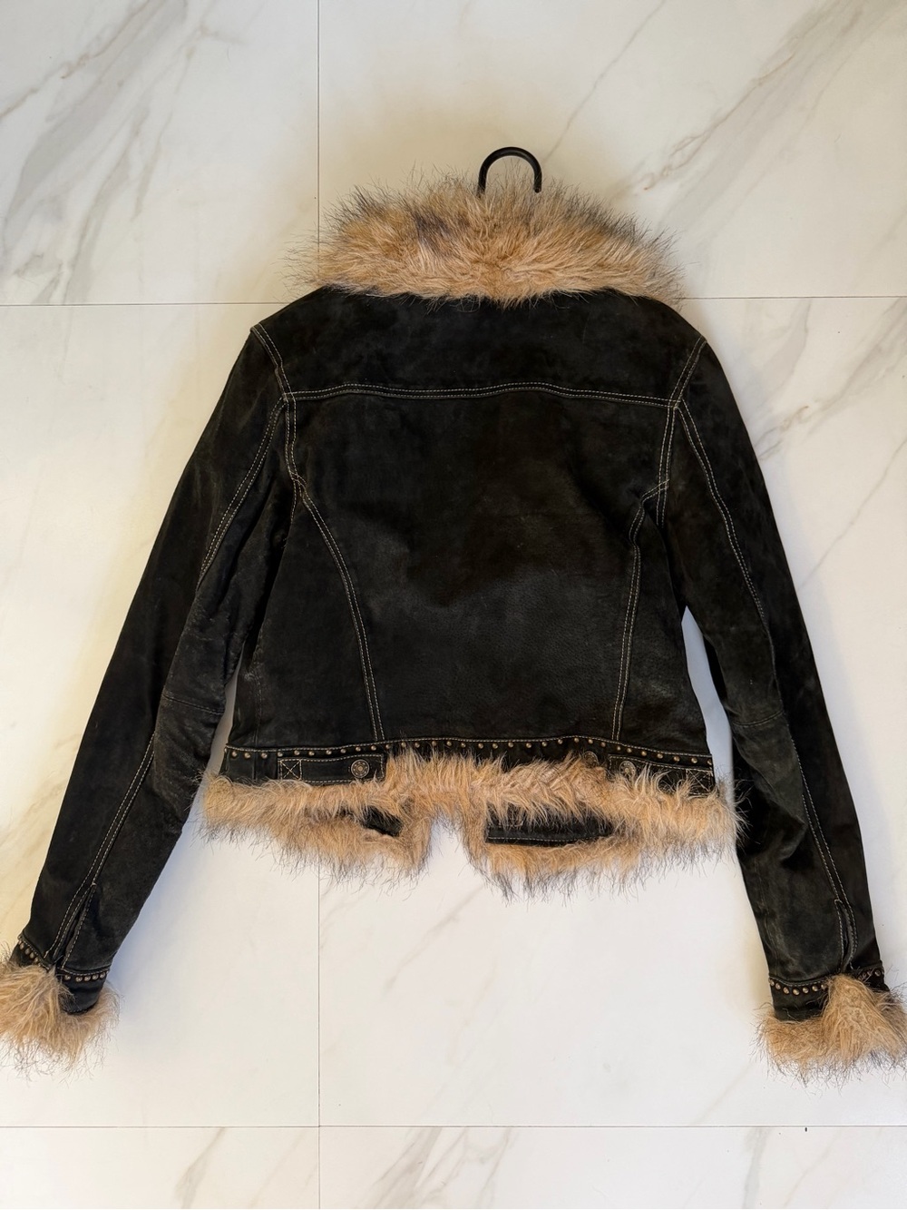 bebe Black Suede Jacket with Tan Faux-Fur Trim - Picture 3 of 4